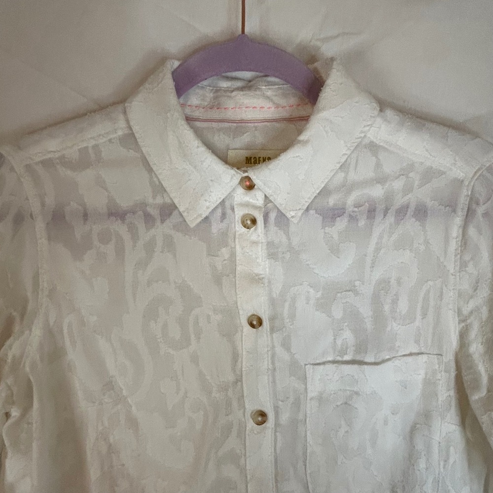 Maeve Anthropologie Womens Button Down Shirt Size 8 White Floral Long Sleeve - Picture 5 of 14